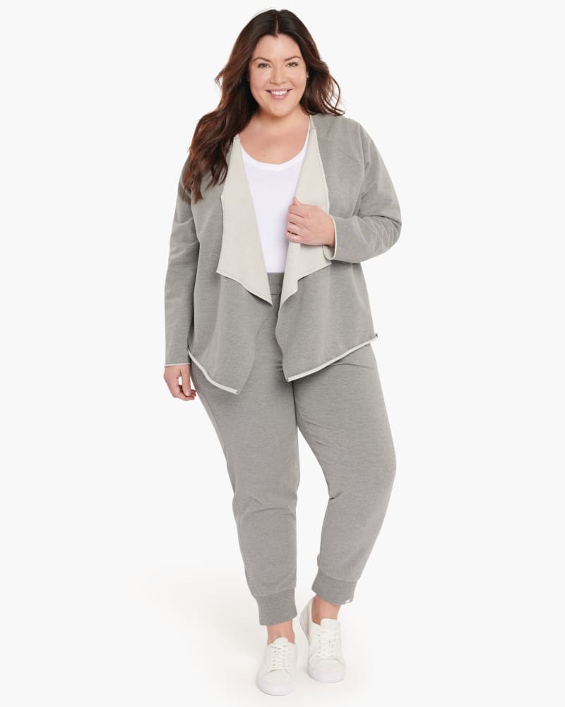 Front of a model wearing a size 0X Juliana Waterfall Cardigan in Lt Heather Grey by NYDJ. | dia_product_style_image_id:166433